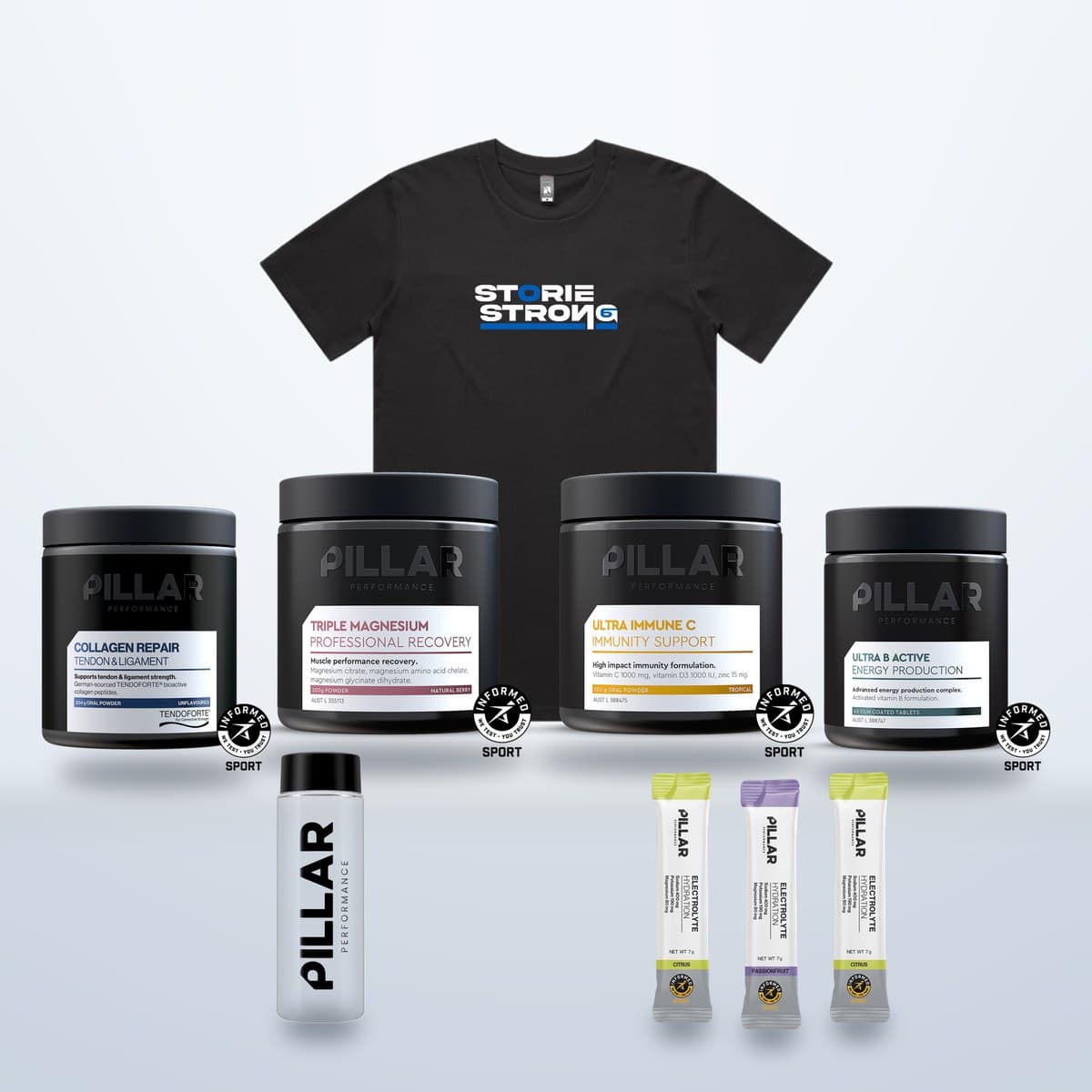 Performance Bundle: Triple Magnesium powder, Ultra B Active, Ultra Immune C, Collagen Repair (small tub), PILLAR Micro Shaker, 3 x Electrolyte Hydration, Storiestrong tee