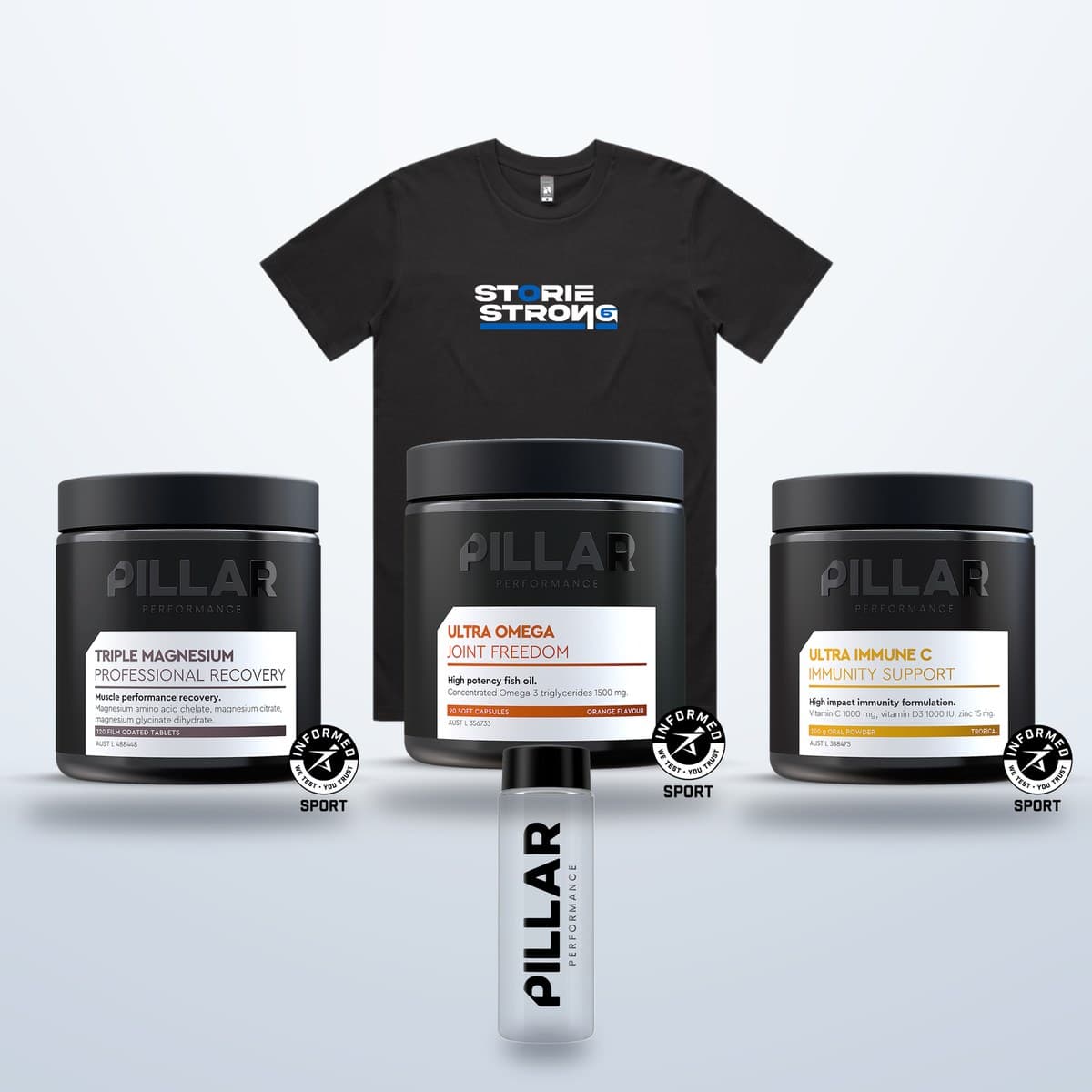 Recovery Bundle: Triple Magnesium Tablets (120), Ultra Omega, Ultra Immune C, PILLAR Micro Shaker, Storiestrong tee